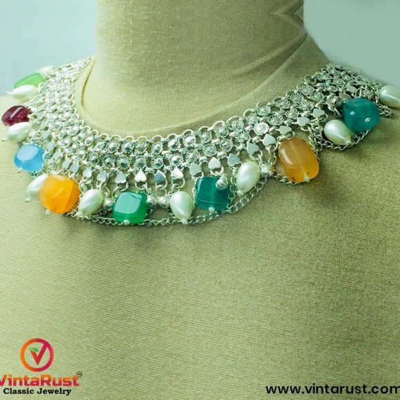 Silver Kuchi Choker Necklace With Multicolor Stones and Pearls - Picture 7 of 13